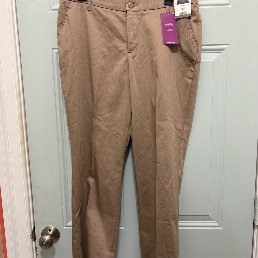 Lee Khaki Pants Womens Petite 12P Beige Mid Rise Straight Leg Stretch - Picture 1 of 9